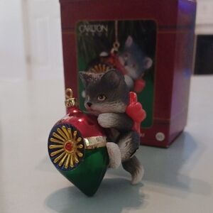 Vintage Carlton Cards Festive Cat Ornament with Red and Green VINTAGE